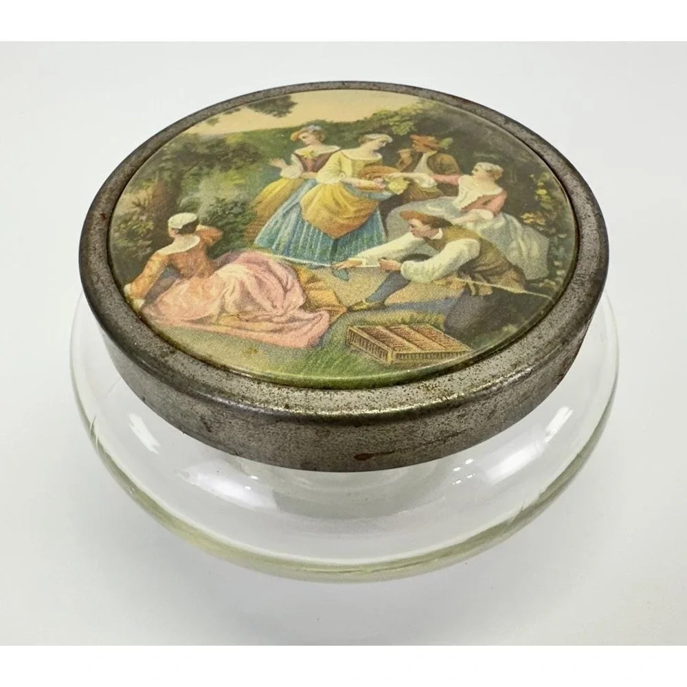 Vintage Glass Vanity Powder Jar Pastoral Courting Scene Metal Lid 3.5